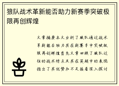 狼队战术革新能否助力新赛季突破极限再创辉煌